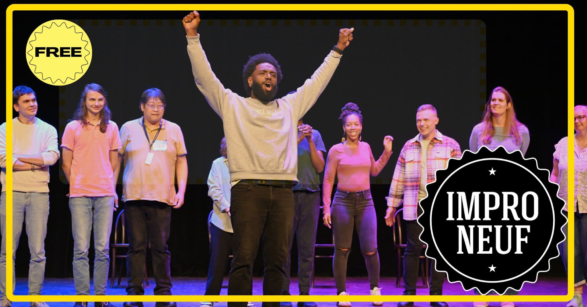 Improv comedy show. International comedy performance with diverse comedians celebrating in a scene. Laughing characters in the background